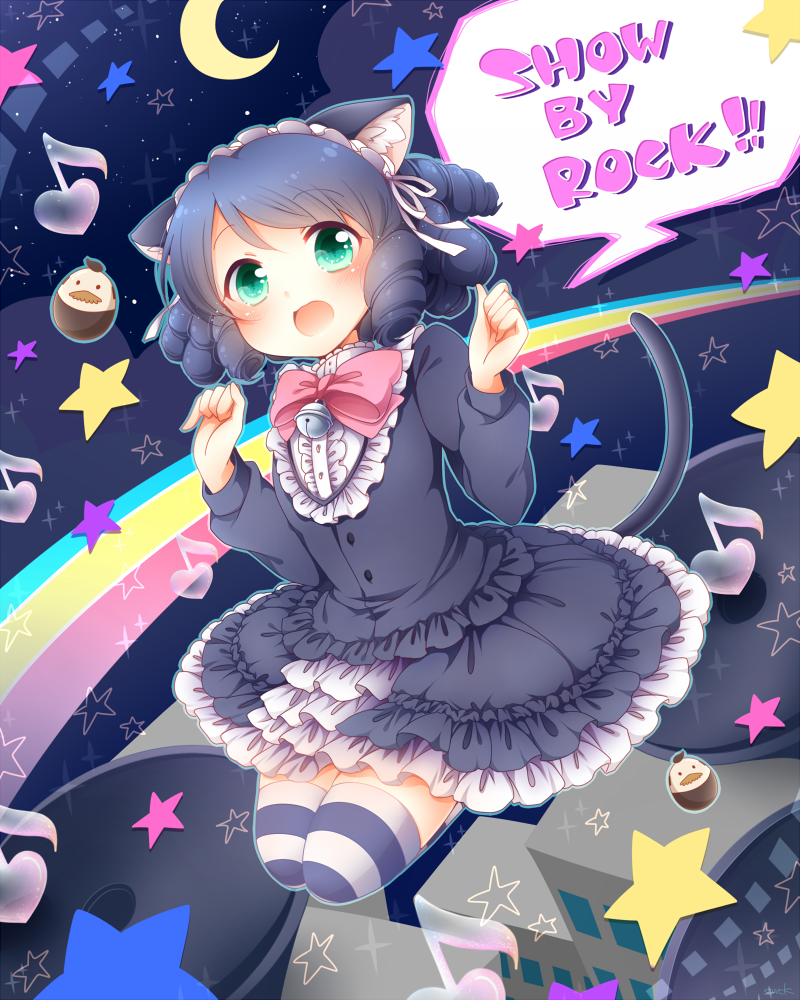 1girl :d animal_ears arisugawa_maple bell blue_hair blush bow building cat_ears cat_tail copyright_name crescent curly_hair cyan_(show_by_rock!!) dress english eyebrows_visible_through_hair full_body green_eyes heart jingle_bell layered_dress lolita_fashion long_sleeves looking_at_viewer maid_headdress musical_note open_mouth outline pink_bow quaver sanotsuki show_by_rock!! smile sparkle speech_bubble spoken_copyright star striped striped_legwear tail thigh-highs