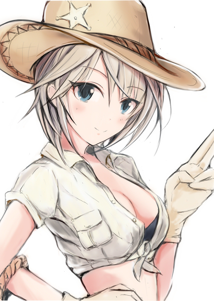 1girl anastasia_(idolmaster) black_bra blue_eyes blush bra breasts brown_hat cleavage crop_top dress_shirt eyebrows_visible_through_hair gloves hair_between_eyes hand_on_hip hat idolmaster idolmaster_cinderella_girls medium_breasts nannacy7 open_clothes open_shirt shirt short_hair silver_hair simple_background sketch smile solo star sun_hat tied_shirt underwear upper_body white_background white_gloves white_shirt