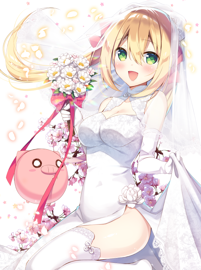 1girl anzu_(sumisaki_yuzuna) bare_shoulders blonde_hair blush bouquet bow breasts bridal_veil bride cherry_blossoms china_dress chinese_clothes cleavage dress elbow_gloves eyebrows_visible_through_hair flower gloves green_eyes long_hair looking_at_viewer medium_breasts open_mouth original petals pig pink_bow sumisaki_yuzuna veil white_dress white_gloves white_legwear