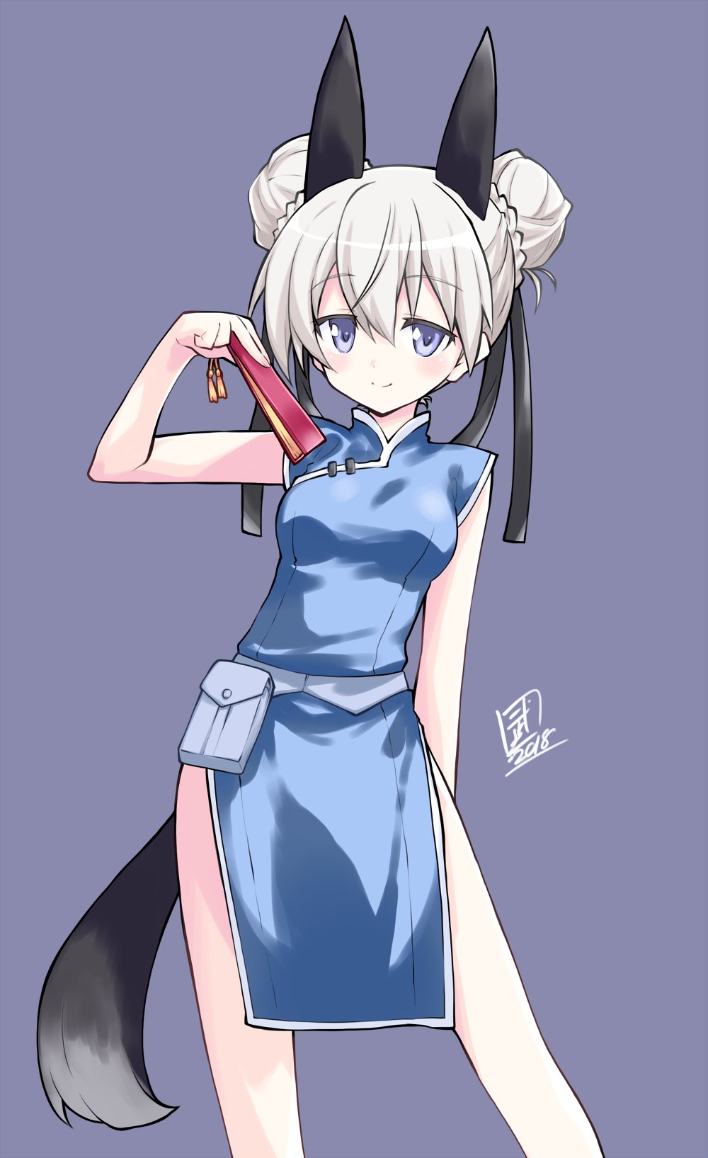 1girl adapted_costume alternate_costume alternate_hairstyle animal_ears blue_eyes china_dress chinese_clothes closed_fan cowboy_shot dog_ears dog_tail double_bun dress eila_ilmatar_juutilainen fan folding_fan highres long_hair looking_at_viewer purple_background silver_hair solo standing strike_witches tail take_shinobu world_witches_series