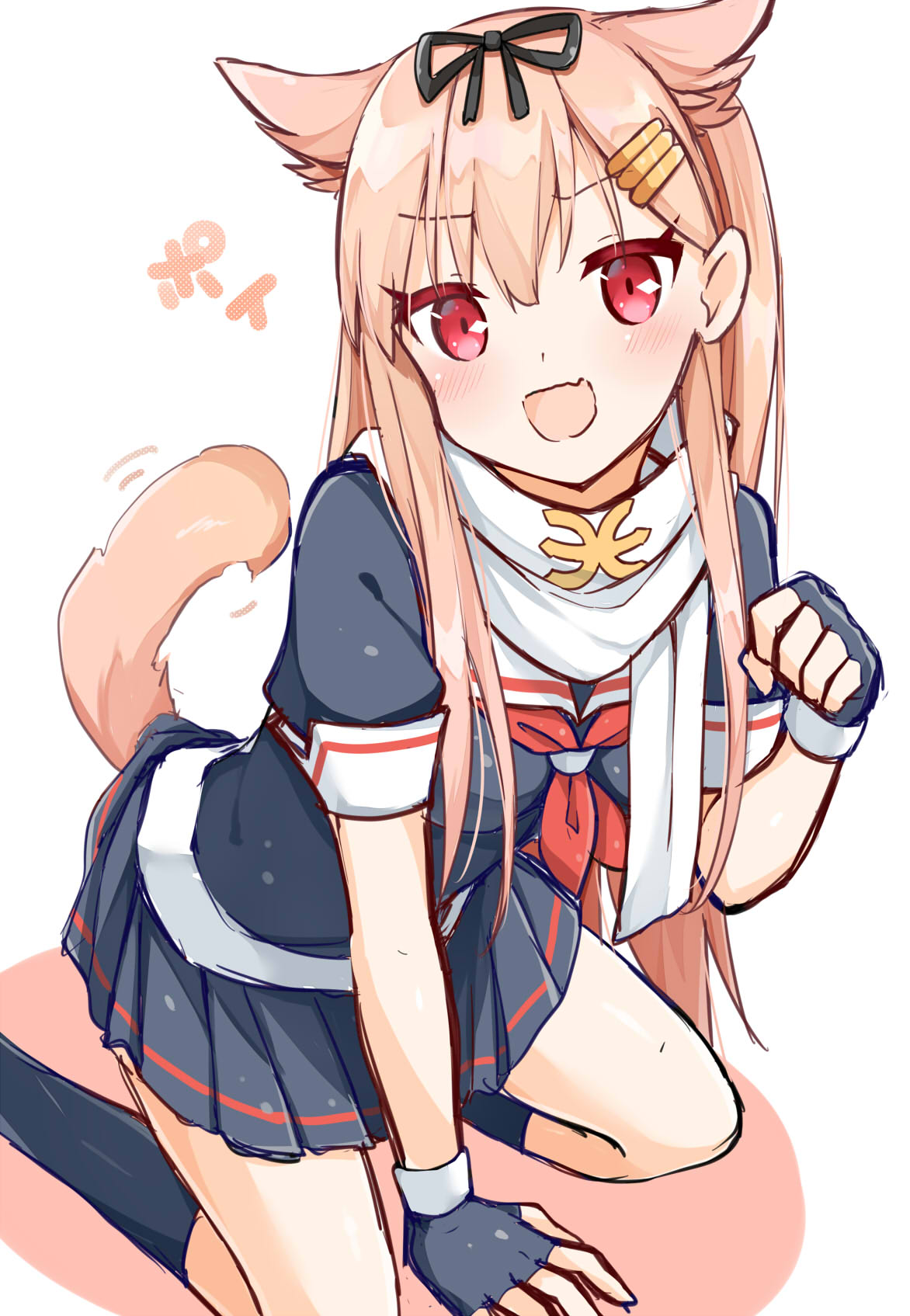 1girl animal_ears arm_support black_gloves black_legwear black_ribbon black_serafuku black_shirt black_skirt blonde_hair dog_ears dog_tail eyebrows_visible_through_hair fingerless_gloves gloves hair_between_eyes hair_ornament hair_ribbon hairclip highres kamu_(geeenius) kantai_collection kneeling long_hair looking_at_viewer miniskirt neckerchief open_mouth pleated_skirt red_eyes red_neckwear ribbon scarf school_uniform serafuku shirt short_sleeves sketch skirt solo tail very_long_hair white_background white_scarf yuudachi_(kantai_collection)