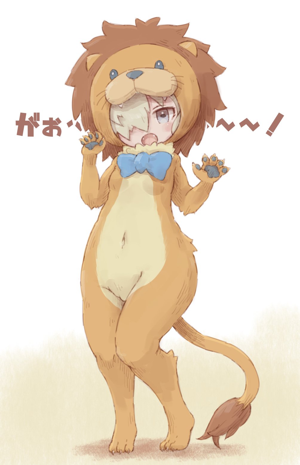 alpaca_suri_(kemono_friends) alternate_costume animal_costume animal_ears blue_bow blue_eyes bow bowtie check_translation claw_pose claws fangs fur_collar hair_over_one_eye highres kemono_friends knees_together_feet_apart kolshica lion_costume lion_ears lion_mane lion_tail open_mouth paws tail translation_request