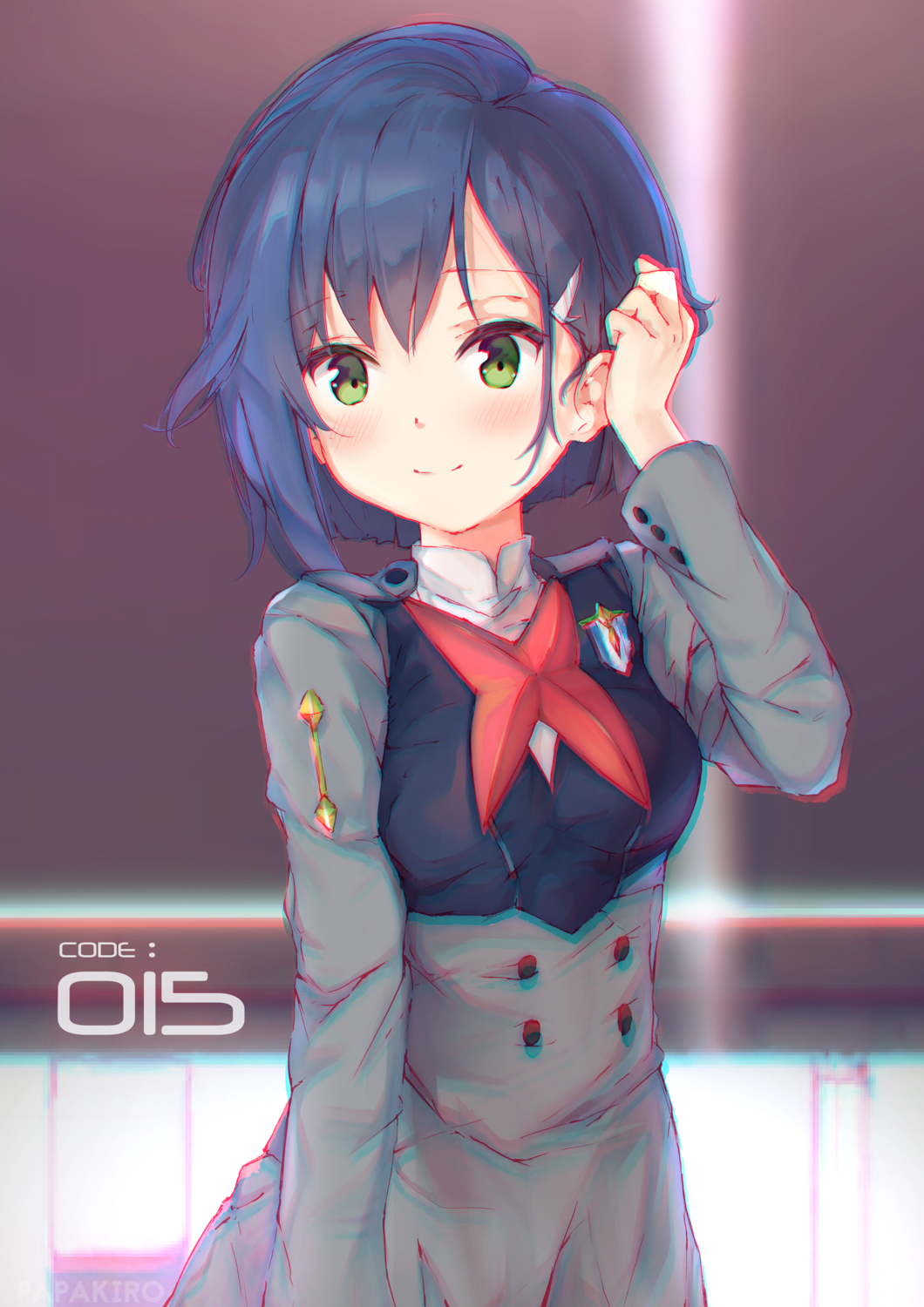 1girl adjusting_hair arm_at_side arm_up artist_name backlighting bangs blue_hair blurry blurry_background blush closed_mouth darling_in_the_franxx double-breasted dress emblem eyebrows_visible_through_hair green_eyes grey_dress hair_ornament hairclip highlights highres ichigo_(darling_in_the_franxx) long_sleeves looking_at_viewer military military_uniform mohammad_rizky multicolored_hair short_hair smile solo uniform upper_body