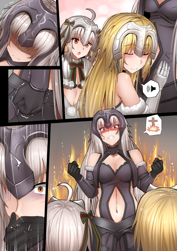 3girls ahoge anger_vein angry blonde_hair closed_eyes comic covering_mouth fate/apocrypha fate/grand_order fate_(series) fire ginhaha headgear jeanne_d'arc_(alter)_(fate) jeanne_d'arc_(fate) jeanne_d'arc_(fate)_(all) jeanne_d'arc_alter_santa_lily multiple_girls pregnant silent_comic trembling turn_pale white_hair yellow_eyes