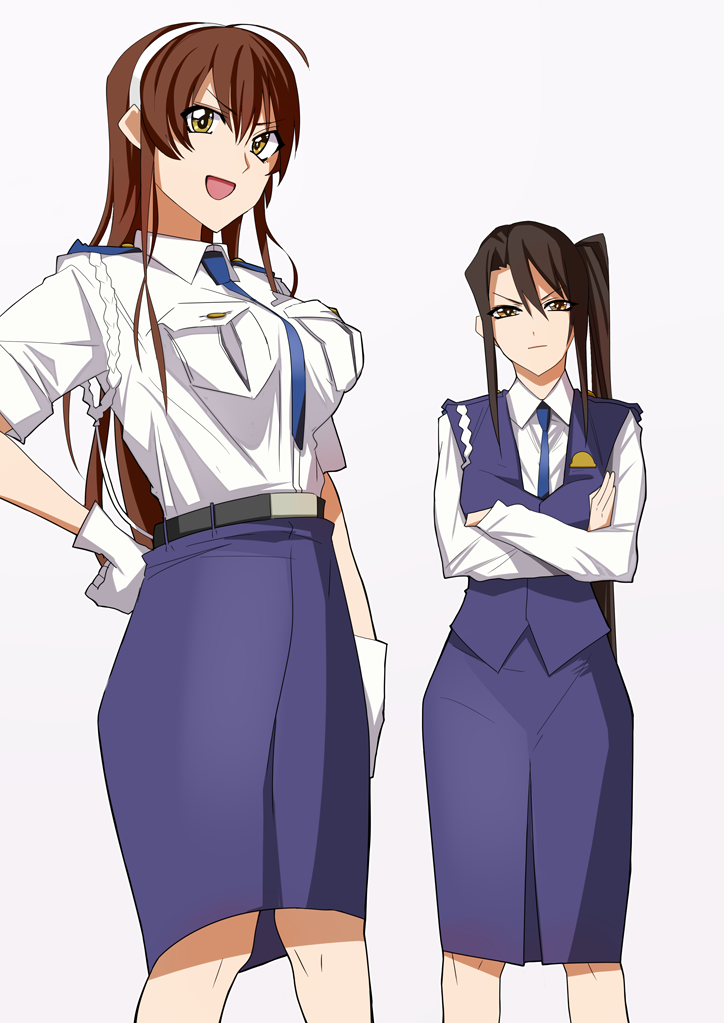 2girls :d ahoge alternate_costume ashigara_(kantai_collection) bangs belt between_breasts blue_neckwear blue_skirt blue_vest breast_pocket breasts brown_hair closed_mouth collared_shirt crossed_arms eyebrows_visible_through_hair feet_out_of_frame gloves hairband hand_on_hip kantai_collection large_breasts light_brown_hair long_hair long_sleeves looking_at_viewer medium_skirt multiple_girls nachi_(kantai_collection) necktie necktie_between_breasts open_mouth pencil pocket shirt short_sleeves side_ponytail simple_background skirt smile standing tsurime v-shaped_eyebrows vest webslinger white_background white_gloves white_hairband white_shirt wing_collar you're_under_arrest