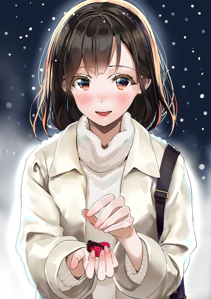 1girl bag bangs black_hair blush brown_eyes coat eyebrows_visible_through_hair gift hands_up heart-shaped_box holding holding_gift kinugasa_yuuichi lips looking_at_viewer open_clothes open_coat open_mouth original outdoors shoulder_bag smile snow solo sweater turtleneck turtleneck_sweater upper_body valentine white_sweater