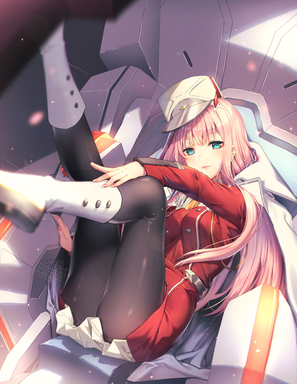 1girl bangs black_legwear blue_eyes blurry blush boots closed_mouth cockpit darling_in_the_franxx day depth_of_field dress eyebrows_visible_through_hair hat highres knee_boots long_hair looking_at_viewer military military_hat military_uniform pantyhose pink_hair red_dress rosuuri short_dress sitting smile solo thighs uniform white_footwear zero_two_(darling_in_the_franxx)