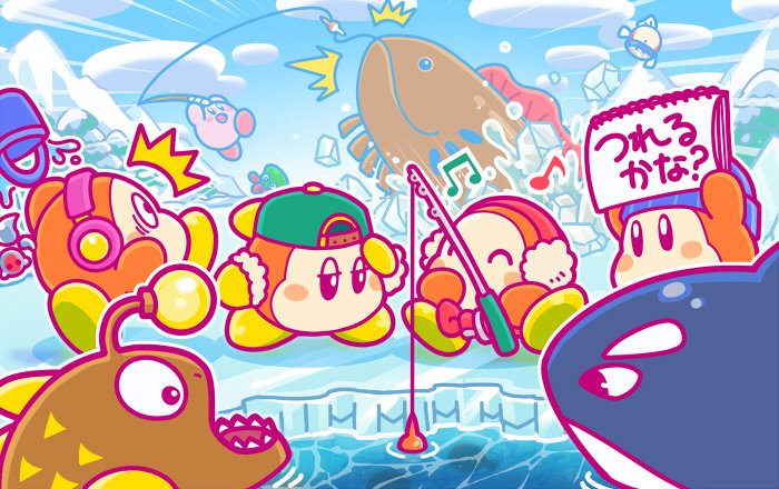 acro_(kirby) anglerfish backwards_hat barbar_(kirby) baseball_cap beanie blipper blue_hat blue_sky blush_stickers bow bowtie bucket clouds commentary_request earmuffs eel fish fishing fishing_rod glunk_(kirby) goggles green_hat hat headphones ice ice_fishing jitome kirby_(series) nintendo no_humans notepad orca red_neckwear sitting sky spilling squibby surprised sweet_stuff waddle_dee