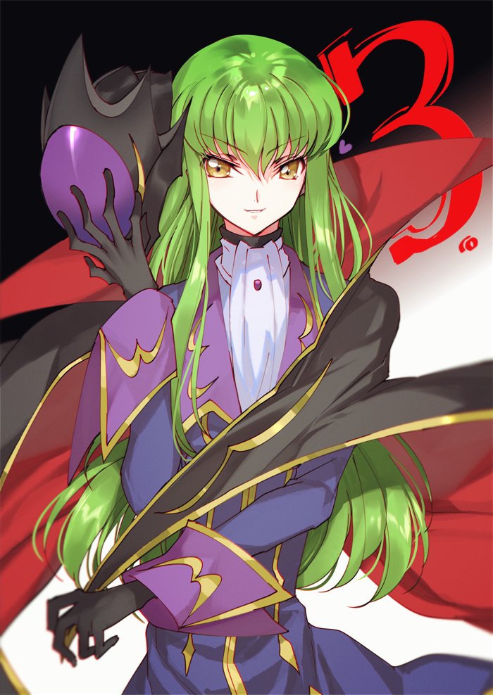1girl bangs black_cape black_gloves blue_jacket c.c. cape closed_mouth code_geass cosplay cravat creayus eyebrows_visible_through_hair gloves green_hair hair_between_eyes headwear_removed helmet helmet_removed jacket long_hair long_sleeves looking_at_viewer multicolored multicolored_cape multicolored_clothes parted_lips red_cape smile standing upper_body white_legwear yellow_eyes zero_(code_geass) zero_(code_geass)_(cosplay)