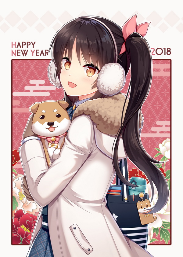 1girl 2018 :3 :d animal bag bag_charm black_eyes blue_skirt blush brown_gloves brown_hair character_request charm_(object) coat collar dog dog_collar earmuffs eyebrows_visible_through_hair floral_background fur-trimmed_coat fur_trim gloves hair_ribbon hitsuki_rei holding holding_animal hood hood_down hooded_coat long_hair long_sleeves looking_at_viewer looking_to_the_side new_year open_mouth orange_eyes pink_ribbon plaid plaid_skirt ribbon shiny shiny_hair side_ponytail skirt smile snowdreams_-lost_in_winter- thermos upper_body white_coat