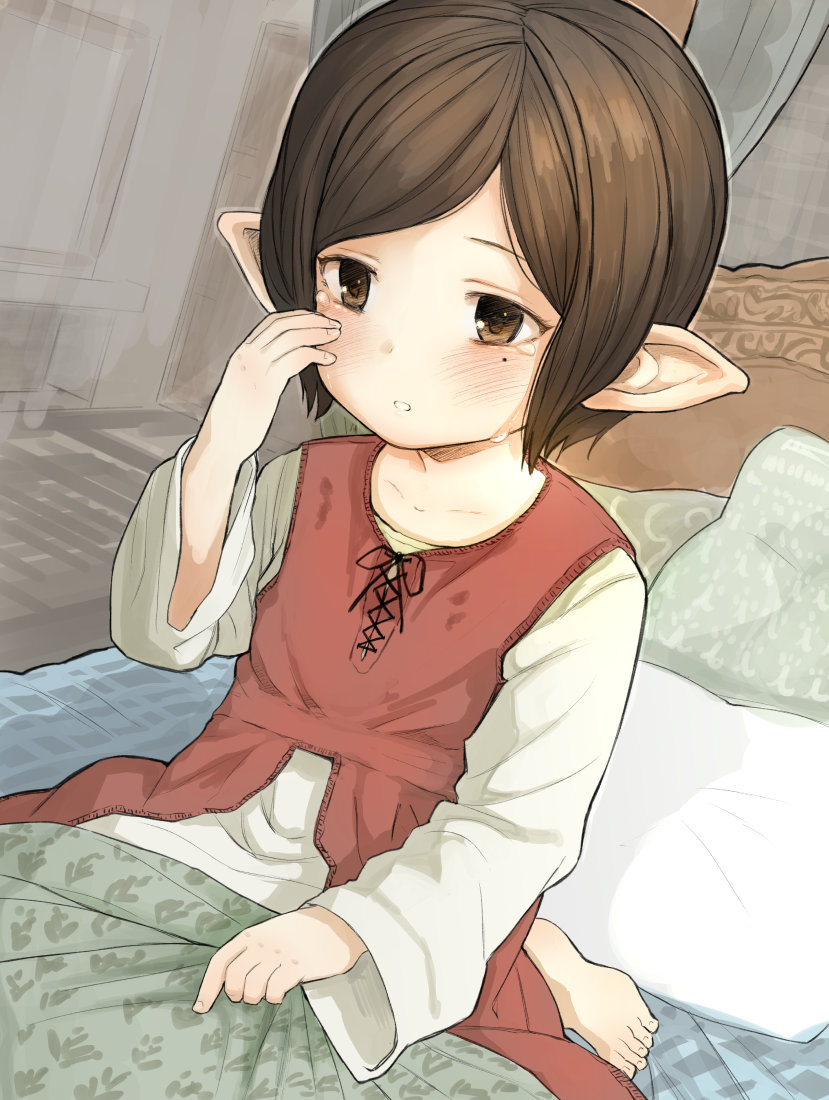 1girl alternate_hair_length alternate_hairstyle arulumaya bangs barefoot bed bed_sheet blanket blush brown_eyes brown_hair collarbone commentary_request crying crying_with_eyes_open door dutch_angle granblue_fantasy harbin long_sleeves mole mole_under_eye on_bed parted_lips pointy_ears short_hair sitting solo swept_bangs tears walkalone white_pillow