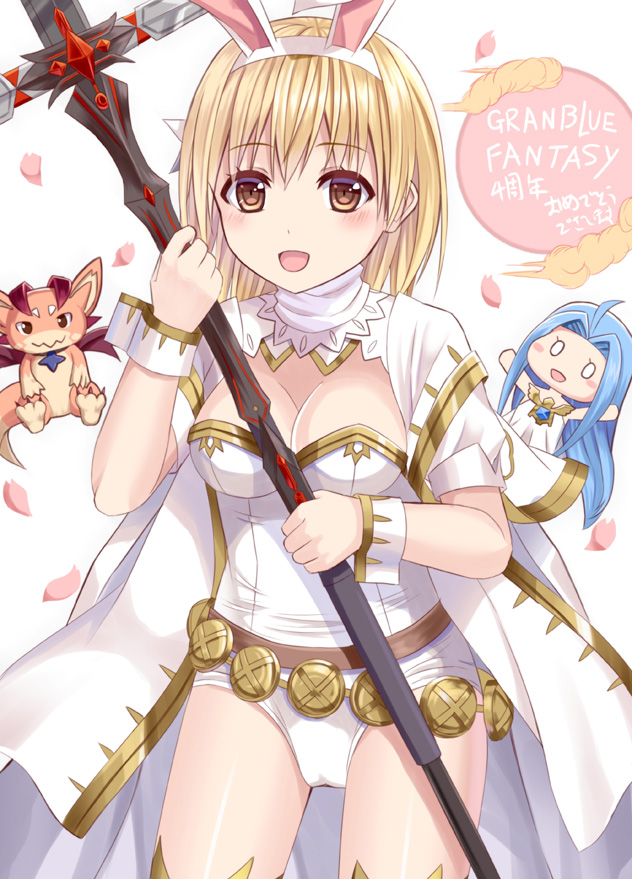1girl :d animal animal_ears bangs blonde_hair blue_hair blush brown_eyes character_doll commentary_request copyright_name djeeta_(granblue_fantasy) dragon eyebrows_visible_through_hair fake_animal_ears granblue_fantasy hair_between_eyes hairband holding holding_weapon jacket leotard long_hair lyria_(granblue_fantasy) open_mouth rabbit_ears short_sleeves smile solo strapless strapless_leotard thigh-highs translation_request tsukino_neru vee_(granblue_fantasy) weapon white_hairband white_jacket white_leotard wrist_cuffs