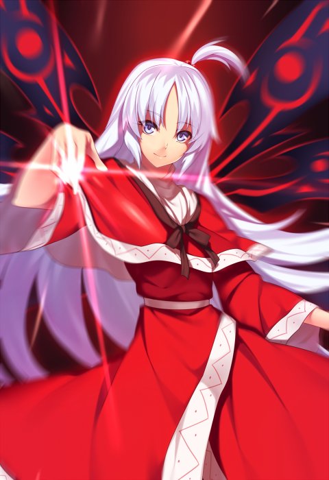 1girl black_bow black_neckwear blurry bow capelet diffraction_spikes dress eyebrows_visible_through_hair glowing grey_eyes hair_bobbles hair_ornament hand_up kaiza_(rider000) light long_hair long_sleeves looking_at_viewer motion_blur multiple_wings one_side_up red_dress shinki side_ponytail smile solo touhou upper_body very_long_hair white_eyes white_hair wide_sleeves wings