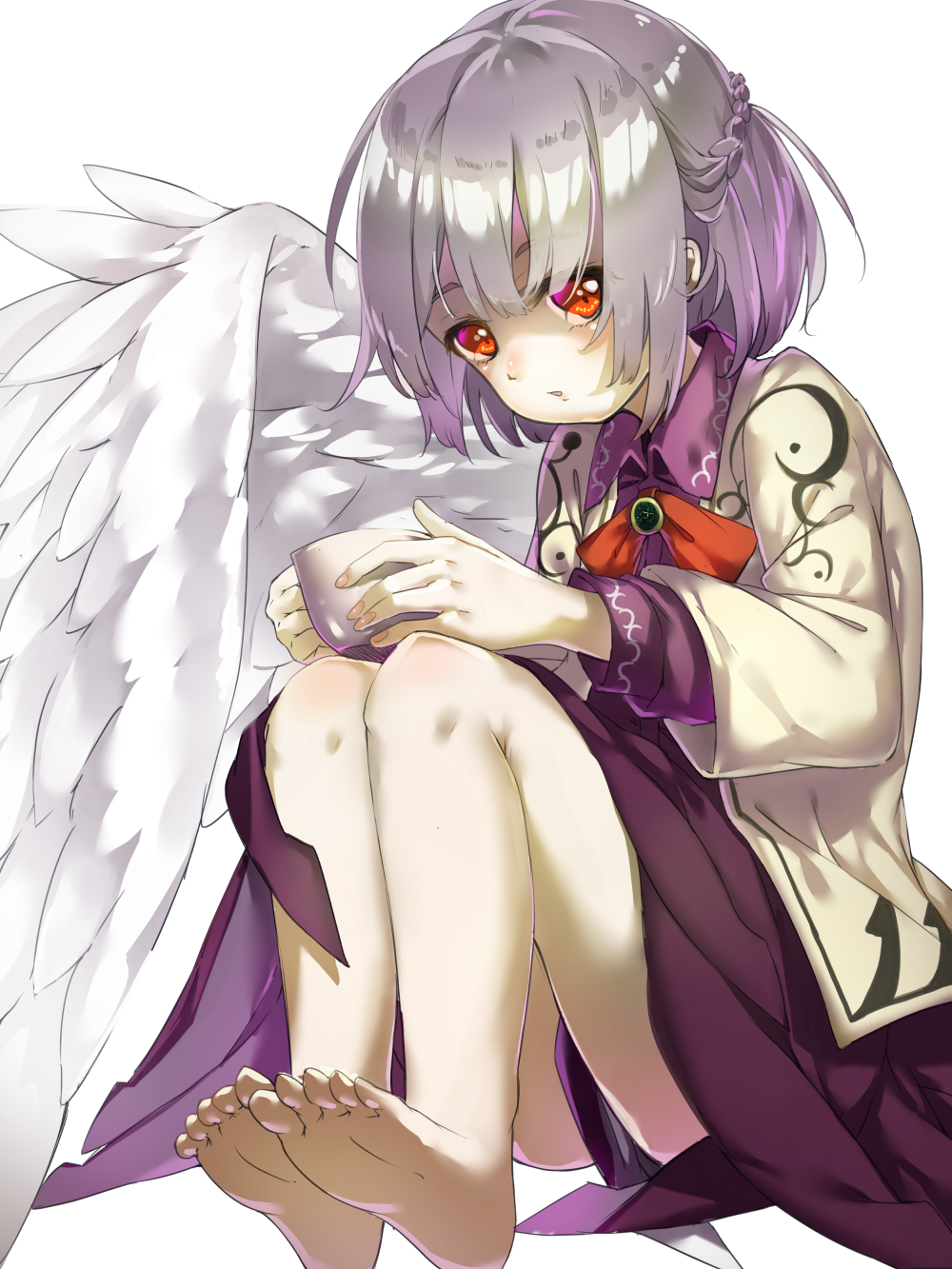 1girl bangs barefoot blush braid cup dress eyebrows_visible_through_hair feathered_wings feet french_braid grey_hair highres holding holding_cup kishin_sagume knees_up long_sleeves looking_at_viewer nail_polish pale_skin parted_lips piyodesu purple_dress red_eyes red_ribbon ribbon shiny shiny_hair short_hair simple_background single_wing sitting soles solo toes touhou white_background white_wings wing_collar wings