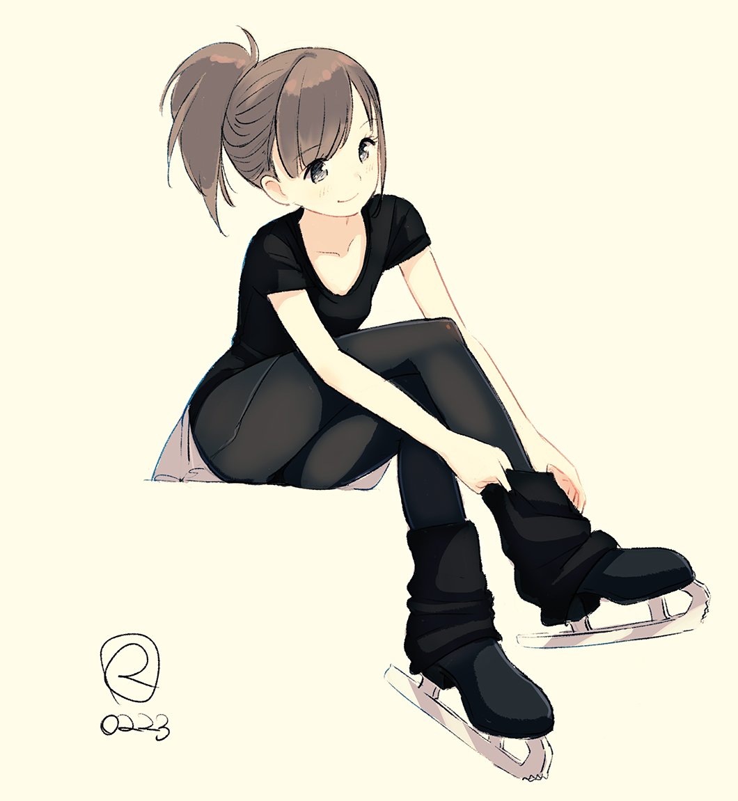 1girl bangs beige_background black_legwear blush breasts brown_hair closed_mouth eyebrows_visible_through_hair full_body grey_eyes head_tilt ice_skates kokudou_juunigou original pantyhose ponytail short_sleeves simple_background sitting skates small_breasts smile solo