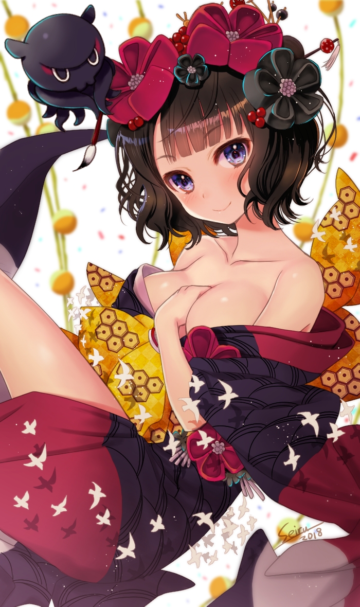 1girl artist_name bangs bare_shoulders bird blue_eyes blunt_bangs blush breasts brown_hair calligraphy_brush closed_mouth collarbone eyebrows_visible_through_hair fate/grand_order fate_(series) flower hair_flower hair_ornament hairpin hijiri_ruka japanese_clothes katsushika_hokusai_(fate/grand_order) kimono large_breasts looking_at_viewer obi octopus paintbrush sash shiny shiny_skin short_hair smile