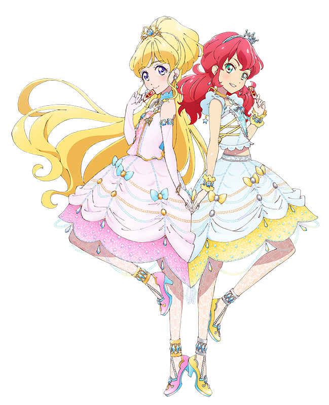 2girls aikatsu! aikatsu_friends! aqua_eyes asuka_mirai_(aikatsu_friends!) back-to-back blonde_hair blue_bow blue_dress bow card choker closed_mouth crown cuffs dress earrings elbow_gloves gloves hairband hands_together high_heels jewelry kamishiro_karen lace light_blue_dress long_hair looking_at_viewer midriff multiple_girls official_art pink_dress pink_footwear ponytail redhead see-through smile tiara twintails violet_eyes wrist_cuffs yellow_bow yellow_footwear