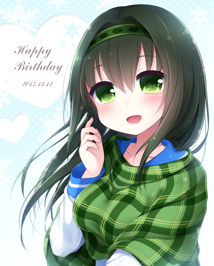 1girl 2017 :d blush breasts brown_hair chunithm collarbone dated english eyebrows_visible_through_hair hair_between_eyes hairband happy_birthday head_tilt heart long_hair long_sleeves looking_at_viewer medium_breasts number open_mouth plaid_shawl polka_dot polka_dot_background sanotsuki shawl smile snowflake_background solo tsukisuzu_shirona upper_body