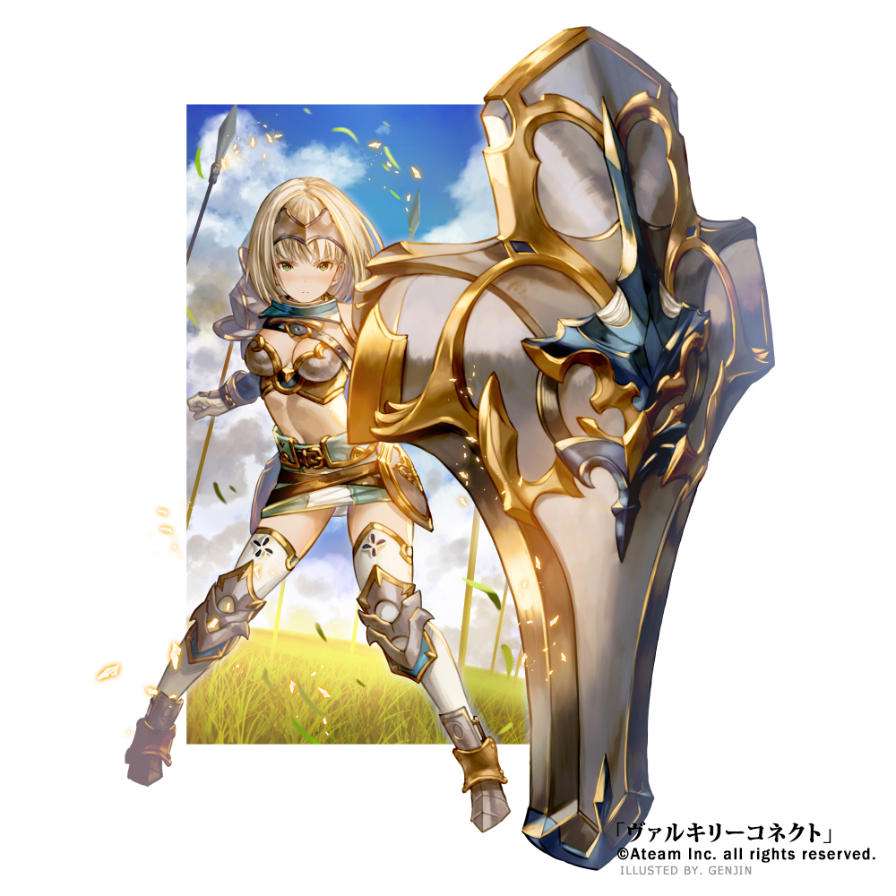 1girl armor armored_boots artist_name blonde_hair boots breasts cleavage company_name full_body genjin gloves grass green_eyes headband luca_(valkyrie_connect) midriff official_art polearm shield simple_background sky solo spear valkyrie_connect weapon white_background