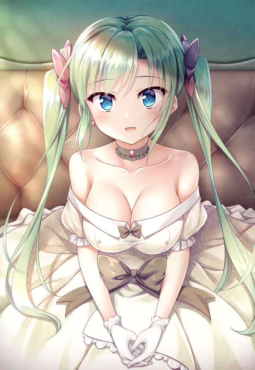1girl :d aqua_hair bangs bare_shoulders black_choker blue_eyes blush bow breasts brooch choker cleavage collarbone couch day dress eyebrows_visible_through_hair frilled_sleeves frills gem gloves hair_bow highres indoors jewelry long_hair medium_breasts off-shoulder_dress off_shoulder on_couch open_mouth original own_hands_together pink_bow shiny shiny_hair short_sleeves sidelocks sitting smile solo strapless strapless_dress sunlight twintails very_long_hair white_gloves yellow_dress yuurei_yashiki