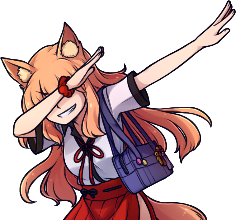 1girl animal_ears armband bag blonde_hair breasts closed_eyes dab_(dance) fate/extra_ccc_fox_tail fate/grand_order fate_(series) fox_ears fox_girl fox_tail japanese_clothes long_hair pleated_skirt red_ribbon red_skirt ribbon school_bag school_uniform shirt short_sleeves skirt small_breasts smirk smug speckticuls suzuka_gozen_(fate) tail transparent_background white_shirt