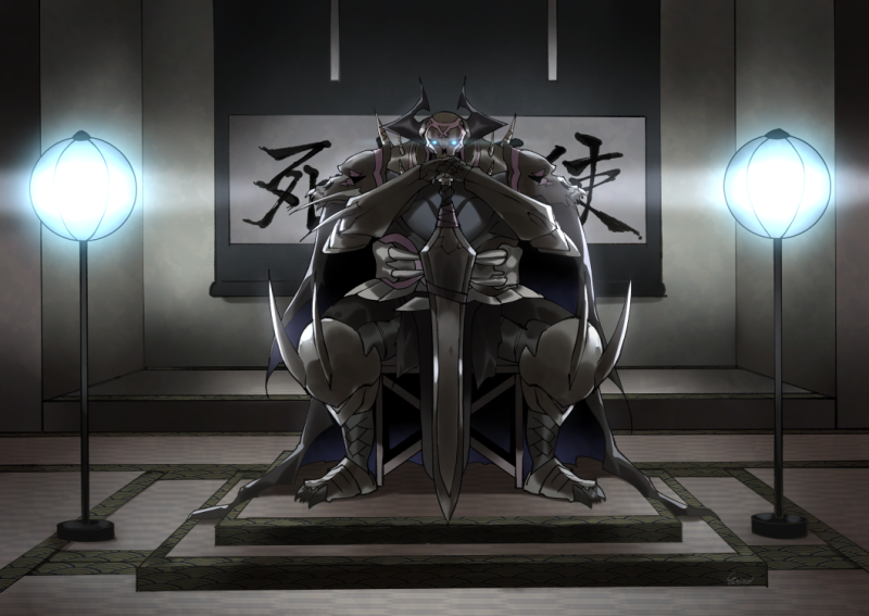 1boy armor black_cloak eiri_(eirri) fate/grand_order fate_(series) glowing glowing_eyes hands_on_hilt horns indoors king_hassan_(fate/grand_order) lamp looking_at_viewer male_focus sitting skull solo spikes sword weapon