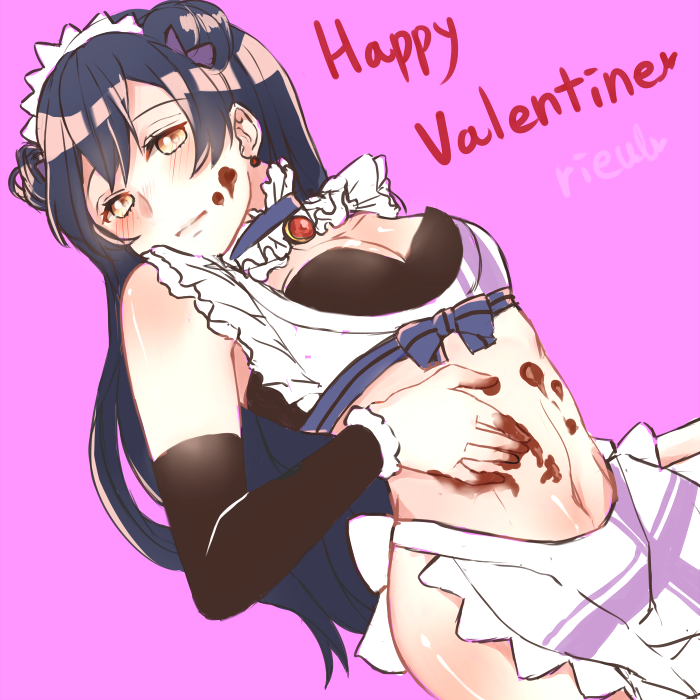 1girl apron artist_request bangs blue_hair blush breasts chocolate chocolate_on_body commentary_request detached_sleeves double_bun earrings hair_between_eyes happy_valentine jewelry long_hair looking_at_viewer love_live! love_live!_school_idol_project maid maid_apron maid_headdress mogyutto_"love"_de_sekkin_chuu! navel no_panties no_pants simple_background small_breasts solo sonoda_umi yellow_eyes