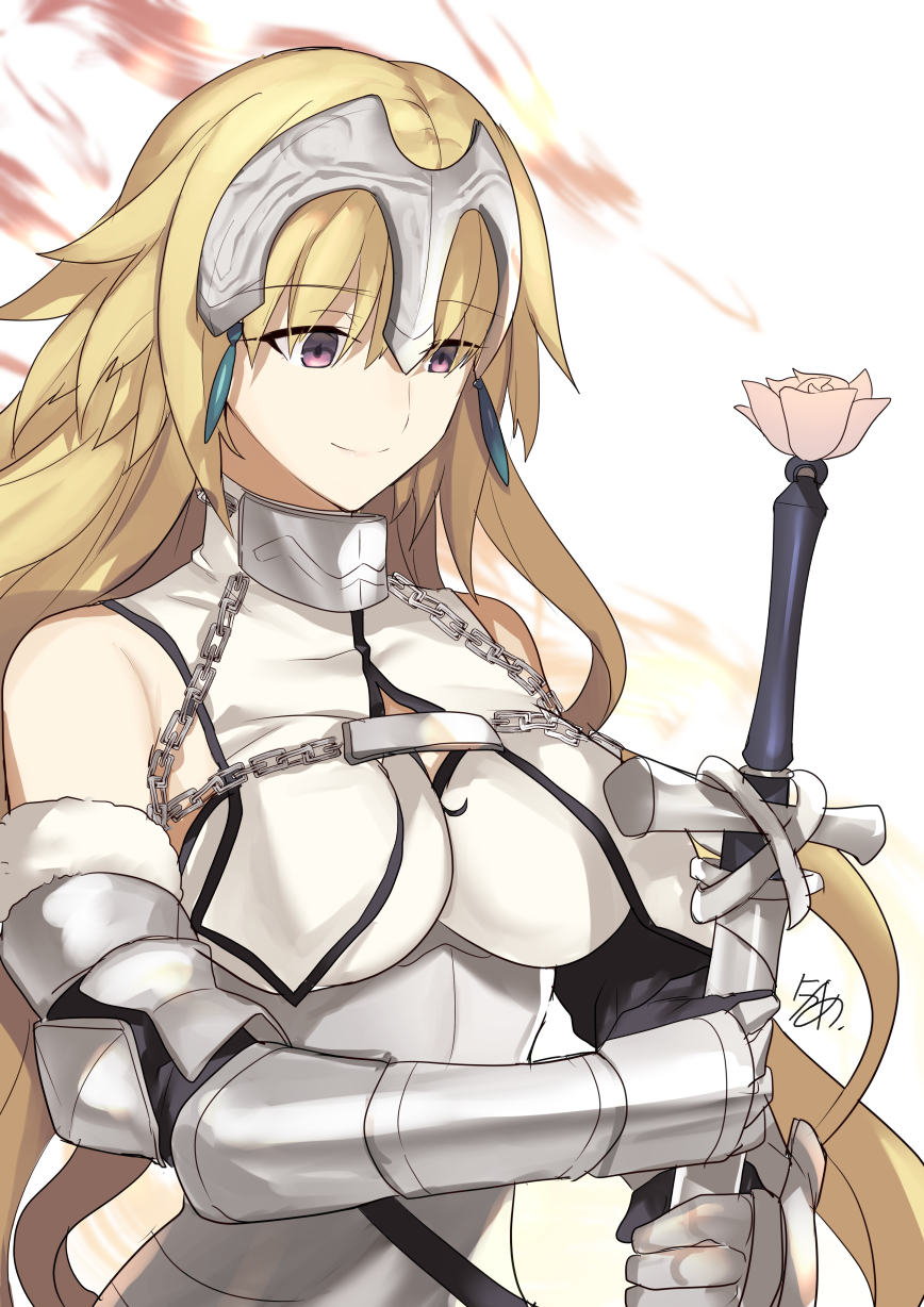 1girl armor armored_dress blonde_hair closed_mouth eyebrows_visible_through_hair fate/apocrypha fate/grand_order fate_(series) flower highres holding holding_sword holding_weapon jeanne_d'arc_(fate) jeanne_d'arc_(fate)_(all) light_smile long_hair nikame signature smile solo sword very_long_hair violet_eyes weapon