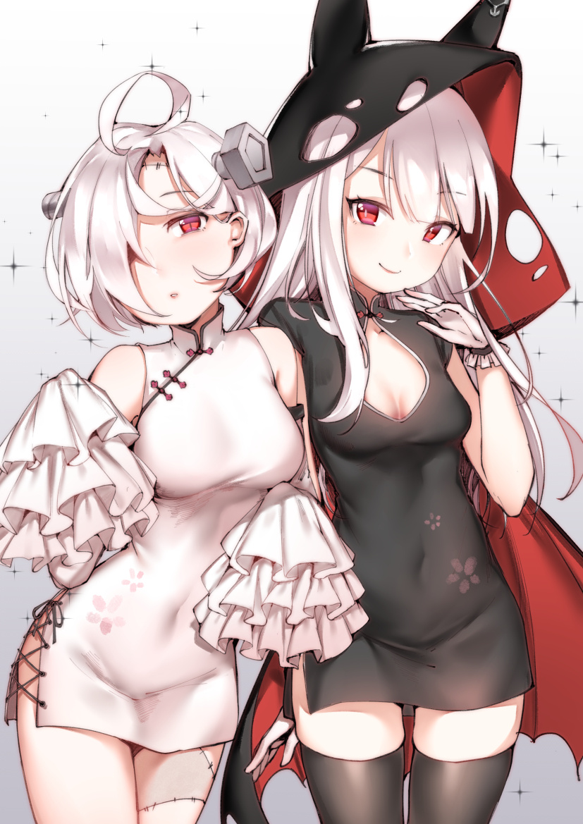 2girls azur_lane black_dress black_legwear breasts cape china_dress chinese_clothes cleavage cleavage_cutout closed_mouth covered_navel cowboy_shot detached_sleeves dress erebus_(azur_lane) eyebrows_visible_through_hair frills gloves gradient gradient_background hair_over_one_eye hood hoodie long_hair looking_at_viewer medium_breasts multiple_girls red_eyes short_dress short_hair sidelocks simple_background sleeves_past_wrists small_breasts smile stitches sunege_(hp0715) terror_(azur_lane) thigh-highs white_dress white_gloves zettai_ryouiki