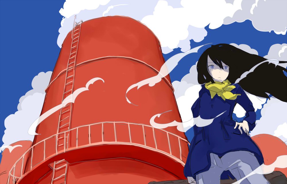 1girl black_hair blue_shirt blue_sky clouds frown grey_eyes guard_rail hair_between_eyes hand_on_hip keisan ladder long_hair long_sleeves looking_to_the_side original pants scarf shaded_face shirt sky water_tower yellow_scarf
