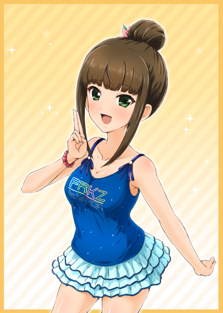 1girl :d bangs blue_skirt blunt_bangs blush border bracelet breasts casual clothes_writing collarbone cowboy_shot diagonal_pliers diesel-turbo eyebrows_visible_through_hair green_eyes hair_bun hamaguchi_ayame idolmaster idolmaster_cinderella_girls jewelry layered_skirt long_hair looking_at_viewer medium_breasts open_mouth pearl_bracelet shiny shiny_skin sidelocks skirt sleeveless smile solo sparkle standing yellow_background yellow_border