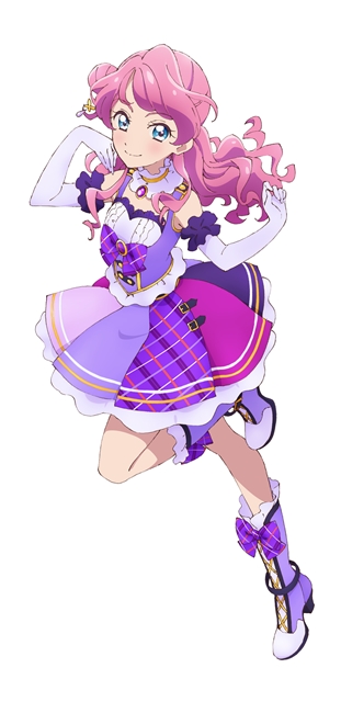 1girl aikatsu! aikatsu_friends! blue_eyes boots bow choker chouno_maika closed_mouth dress elbow_gloves gloves hair_bun high_heel_boots high_heels long_hair looking_at_viewer official_art pink_hair purple_bow purple_dress smile wavy_hair white_background