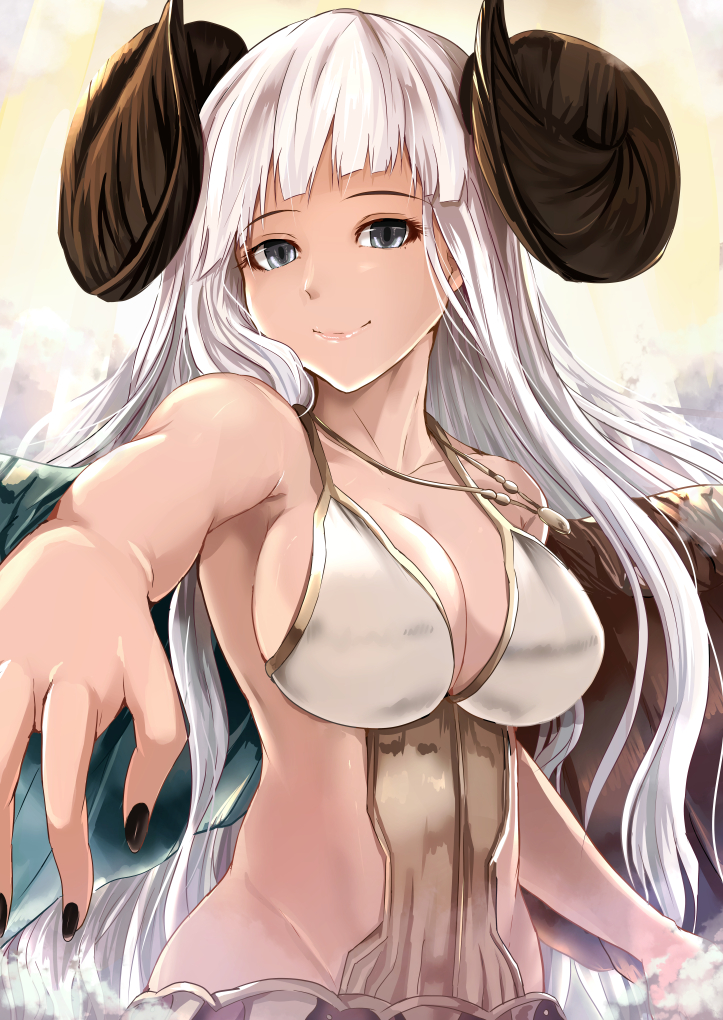1girl armpits backlighting bangs bare_arms bare_shoulders black_nails blue_eyes blunt_bangs breasts character_request cleavage closed_mouth collarbone eyelashes foreshortening granblue_fantasy groin horns impossible_clothes jewelry kanzaki_kureha large_breasts lips long_hair looking_at_viewer midriff nail_polish necklace outstretched_arm revealing_clothes silver_hair smile solo straight_hair upper_body very_long_hair