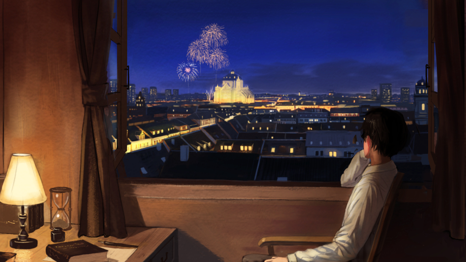1boy arm_up black_hair book building chair clouds commentary_request curtains fireworks from_behind hourglass lamp light night night_sky original pen scenery short_hair sitting sky solo wasabi60