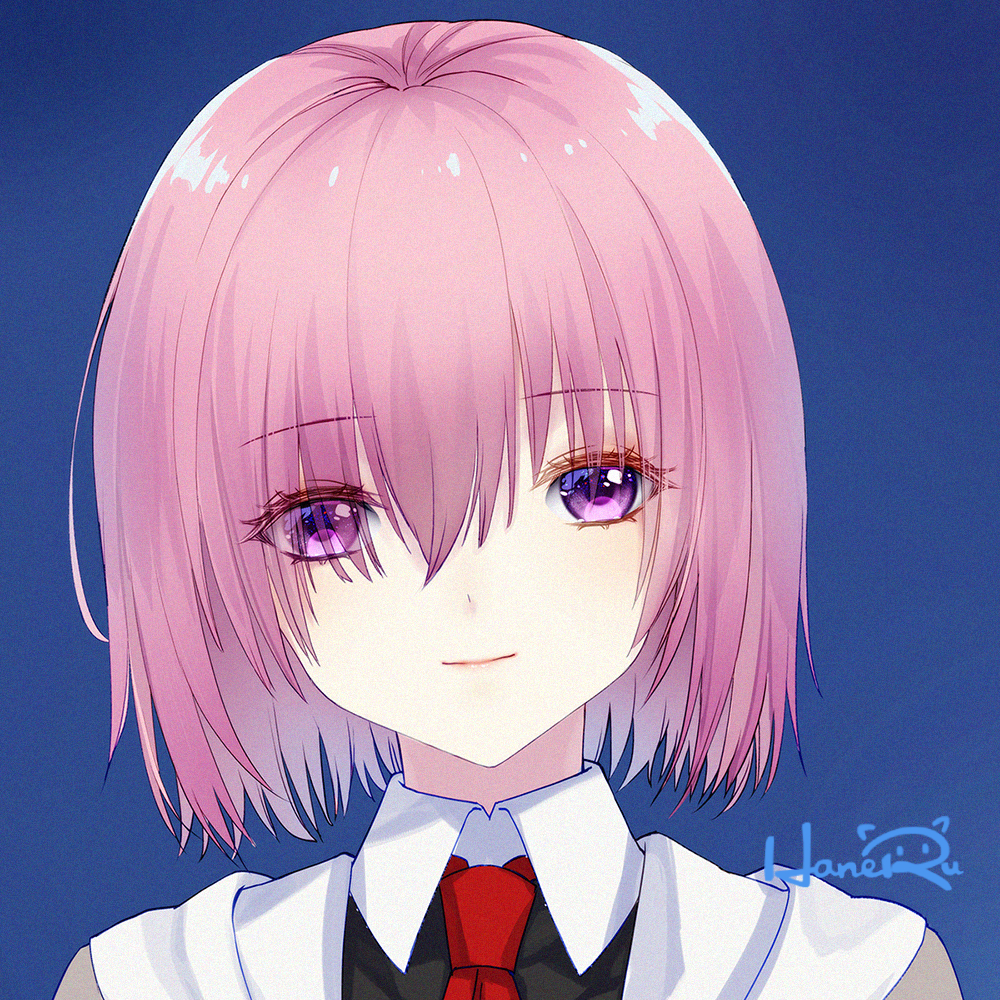 1girl artist_name blue_ribbon closed_mouth eyes_visible_through_hair face fate/grand_order fate_(series) hair_over_one_eye haneru lips mash_kyrielight necktie pink_hair ribbon short_hair simple_background smile solo upper_body violet_eyes
