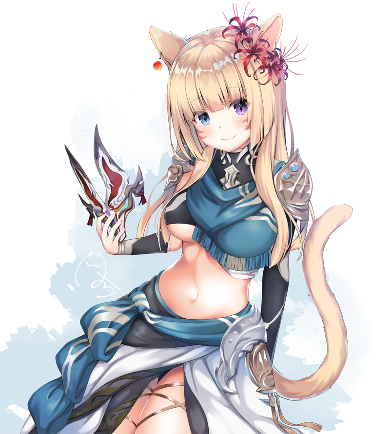 1girl animal_ears blonde_hair breasts cat_ears cat_tail closed_mouth dutch_angle earrings facial_mark final_fantasy final_fantasy_xiv hair_ornament heterochromia jewelry kanora looking_at_viewer mask mask_removed medium_breasts midriff miqo'te navel pauldrons simple_background slit_pupils smile solo tail under_boob