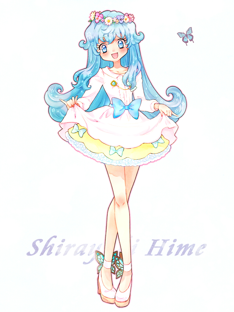 1girl :d bare_legs blue_bow blue_eyes blue_hair bow butterfly character_name dress flipped_hair full_body happinesscharge_precure! legs_crossed long_hair looking_at_viewer nene_(oneoneo13) open_mouth precure shirayuki_hime shoes simple_background skirt_hold smile solo standing white_background white_dress white_footwear