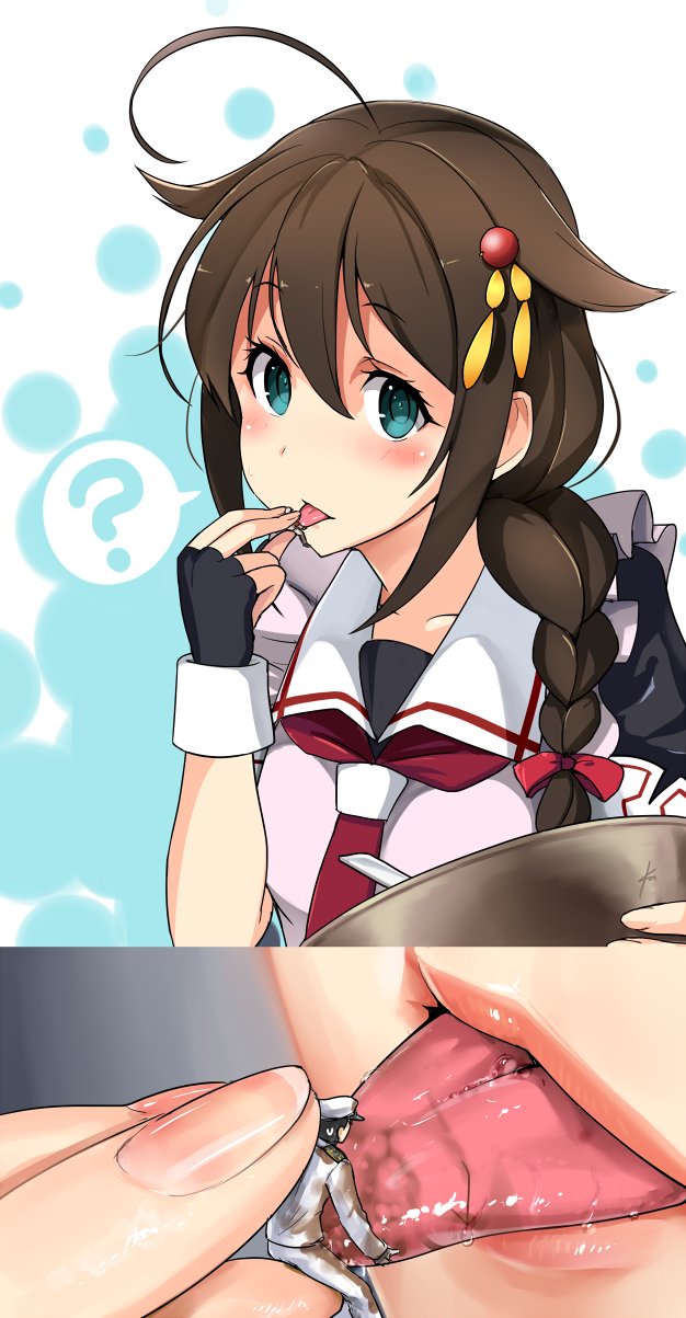 1girl admiral_(kantai_collection) ahoge apron black_gloves black_hair black_serafuku blue_background blue_eyes blush braid breasts collarbone cooking ebizome fingernails giantess gloves hair_flaps hair_ornament highres kantai_collection long_hair looking_at_another looking_at_viewer medium_breasts necktie pot red_neckwear remodel_(kantai_collection) school_uniform serafuku shigure_(kantai_collection) short_sleeves single_braid solo_focus sweatdrop tasting tongue tongue_out upper_body