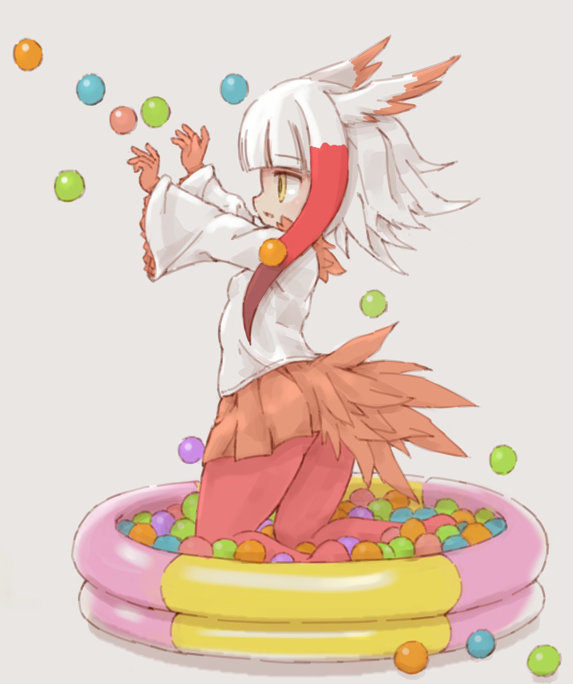 1girl ball ball_pit bangs bird_tail bird_wings eyebrows_visible_through_hair gloves head_wings highres japanese_crested_ibis_(kemono_friends) kemono_friends kneeling kolshica long_sleeves multicolored_hair pantyhose playing pleated_skirt reaching_out short_hair_with_long_locks skirt wings