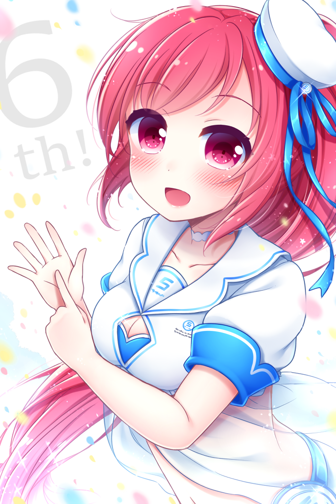 1girl :d anniversary blush breasts collarbone eyebrows_visible_through_hair from_side hat long_hair looking_at_viewer medium_breasts navel number open_mouth pink_eyes pink_hair ponytail puffy_short_sleeves puffy_sleeves rasis sanotsuki short_sleeves smile solo sound_voltex sparkle very_long_hair white_background white_hat