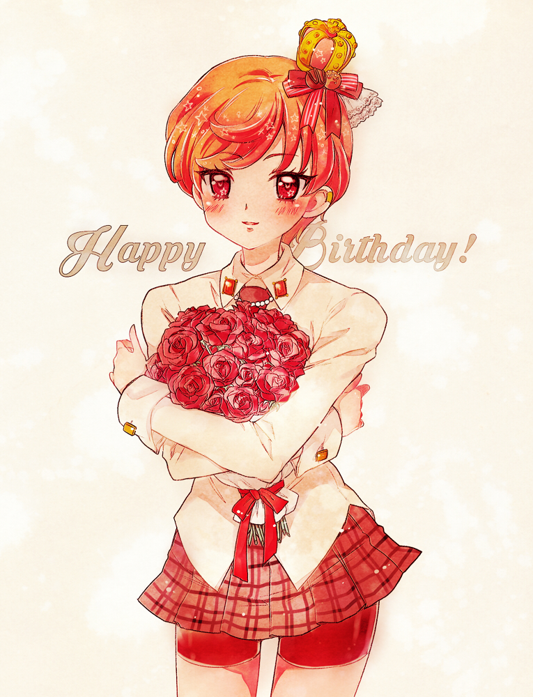 1girl bike_shorts blush bouquet bow chocolate cowboy_shot crown flower hair_bow happy_birthday holding holding_flower kenjou_akira kirakira_precure_a_la_mode looking_at_viewer mini_crown nene_(oneoneo13) plaid plaid_skirt precure red_bow red_eyes red_flower red_rose red_shorts red_skirt redhead rose short_hair shorts shorts_under_skirt simple_background skirt smile solo star_in_eye symbol_in_eye very_short_hair white_background white_skirt