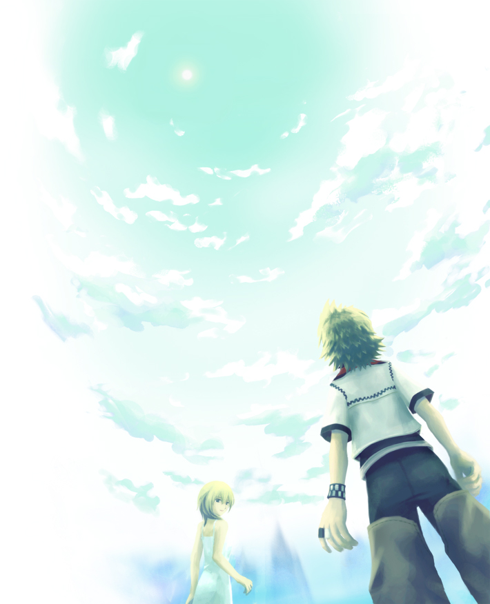 1boy 1girl blonde_hair blue_eyes breasts commentary_request dress feria kingdom_hearts kingdom_hearts_ii medium_hair namine organization_xiii roxas short_hair smile sundress white_dress