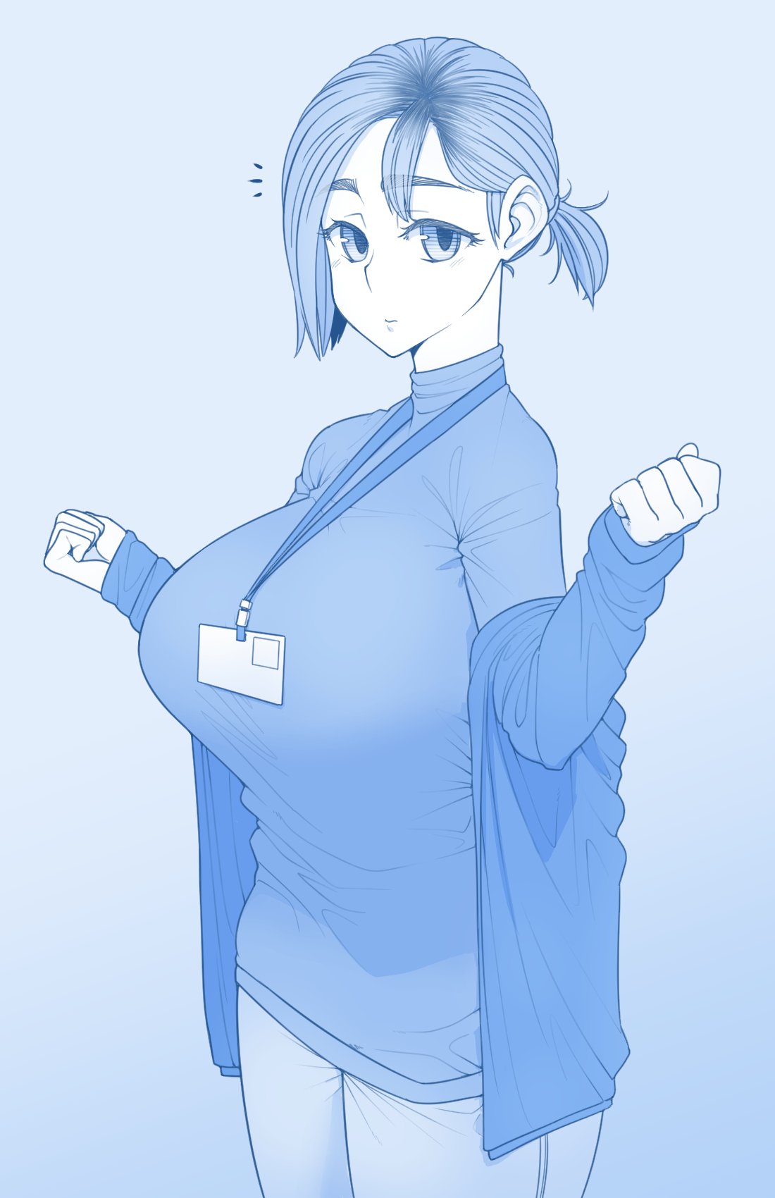 1girl blue blue_background breasts closed_mouth commentary cowboy_shot ekz_(drawfag) eyebrows_visible_through_hair highres huge_breasts jacket long_sleeves looking_at_viewer monochrome name_tag off_shoulder original pants ponytail short_hair simple_background sleeves_past_wrists solo standing sweater thick_eyebrows