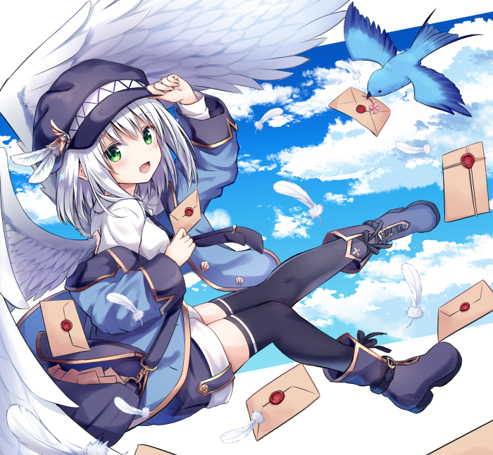 1girl :d adjusting_clothes adjusting_hat animal arm_up bag bangs bird black_hat black_legwear black_shorts blue_footwear blue_jacket blue_sky bluebird breasts cabbie_hat clouds cloudy_sky commentary_request envelope eyebrows_visible_through_hair feathered_wings feathers green_eyes hair_between_eyes hat jacket kure~pu long_hair long_sleeves looking_at_viewer looking_to_the_side mailbag mailman off_shoulder open_mouth original shirt short_shorts shorts shoulder_bag silver_hair sky smile solo thigh-highs thighhighs_under_boots white_feathers white_shirt white_wings wings