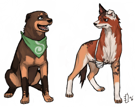 amputee animalization bandage bleach brother_and_sister closed_mouth collar dog emlan lowres neckerchief open_mouth shiba_ganju shiba_kuukaku siblings signature simple_background sitting standing white_background