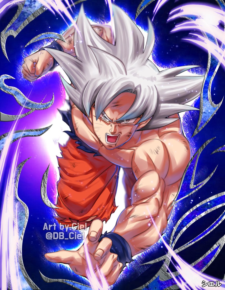 1boy artist_name blue_background clenched_hand commentary_request dirty dougi dragon_ball dragon_ball_super dragonball_z fighting_stance fingernails frown grey_eyes grey_hair highres looking_at_viewer male_focus muscle open_mouth outstretched_arms purple_background serious shaded_face shirtless short_hair simple_background son_gokuu spiky_hair spoilers translation_request twitter_username ultra_instinct watermark wristband