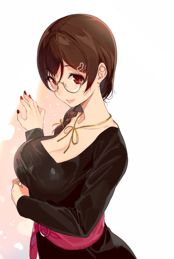 1girl braid breasts brown_hair cleavage commentary_request hair_ornament hairclip hand_up heart heart_hair_ornament huge_breasts long_sleeves looking_at_viewer multicolored multicolored_nail_polish nail_polish neck_ribbon red_eyes red_nails ribbon sasamori_tomoe sash smile solo succubus_stayed_life upper_body yellow_ribbon