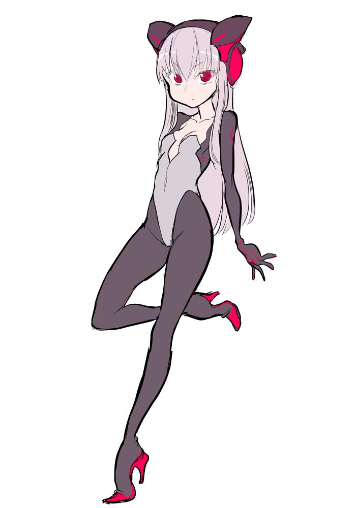 1girl bangs bodysuit collarbone commentary_request electro_alice eyebrows_visible_through_hair flat_chest full_body headgear high_heels ken_(koala) long_hair looking_at_viewer one_leg_raised original pink_hair red_eyes simple_background skin_tight solo white_background