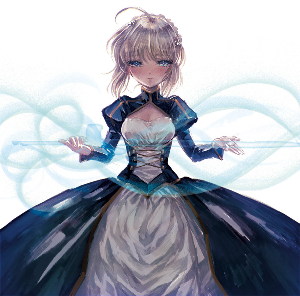 1girl ahoge artoria_pendragon_(all) bangs blonde_hair blue_eyes blush braid breasts cleavage dress eyelashes facing_viewer fate/stay_night fate_(series) french_braid holding holding_sword holding_weapon long_sleeves looking_at_viewer palms parted_lips puffy_long_sleeves puffy_sleeves saber short_hair sidelocks small_breasts solo sword takatora turtleneck weapon