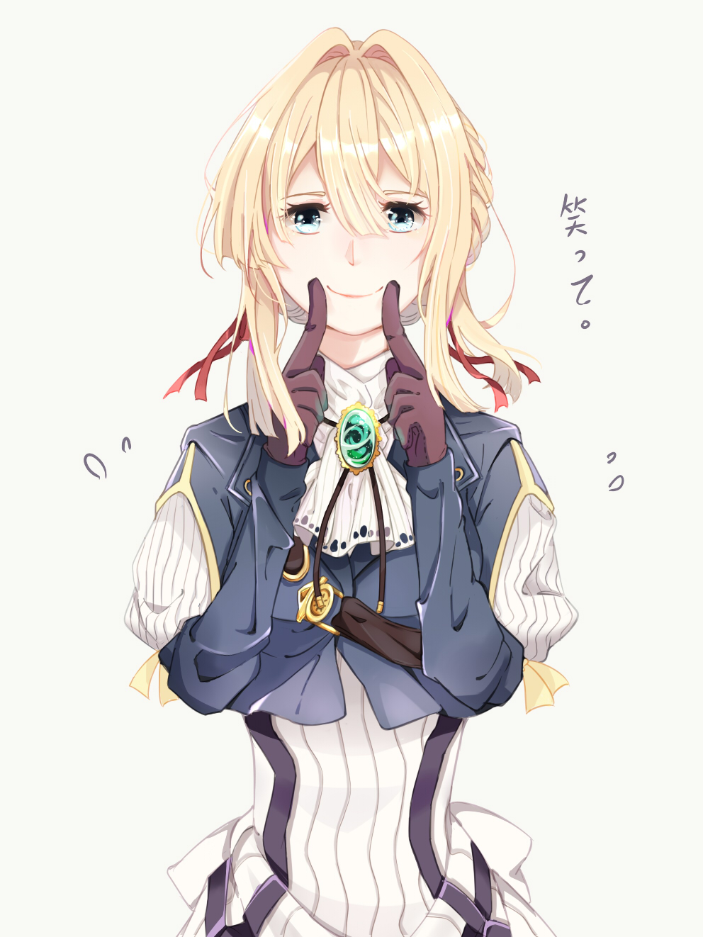 1girl bangs blonde_hair blue_eyes blue_jacket braid brooch dress eyebrows_visible_through_hair forced_smile gloves hair_between_eyes hair_intakes hair_ribbon highres jacket jewelry long_sleeves looking_at_viewer red_ribbon ribbon smile solo violet_evergarden violet_evergarden_(character) ying_weiyu